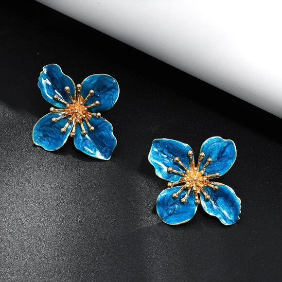 Women's Blue Beauty Cute Flower Shape Statement Boho Dainty Stud Earrings - Picture 4 of 4
